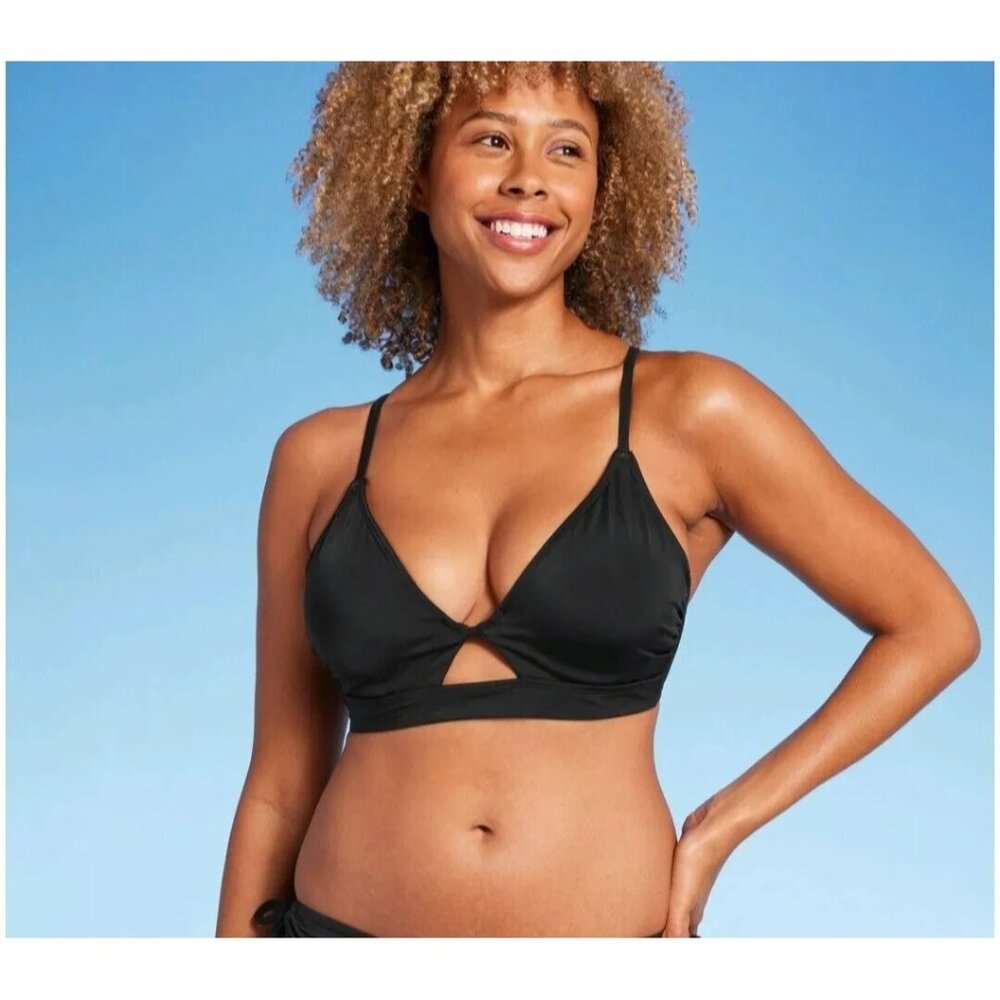 Shade & Shore Bikini Top Longline Cut Out Black Womens 36D Underwire Tie Back